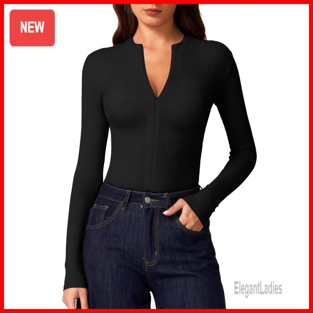 Long Sleeve V Neck Half Zip Ribbed Knit Top Tee Women's Going Out Shirt